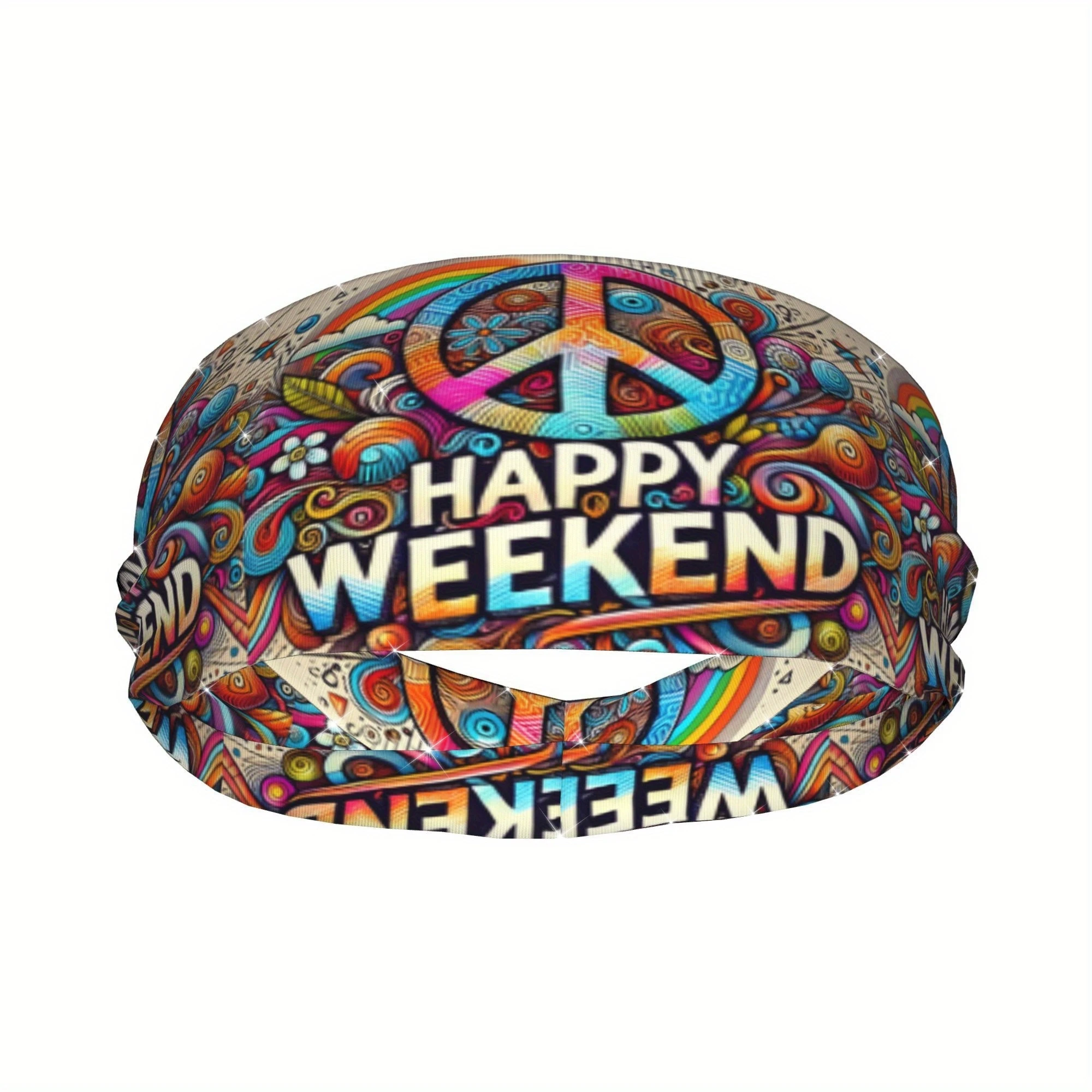 

Спортивная повязка на голову в стиле ретро 60-х/70-х годов с психоделическим дизайном, символами мира, цветочными и геометрическими узорами, яркая, разноцветная.
