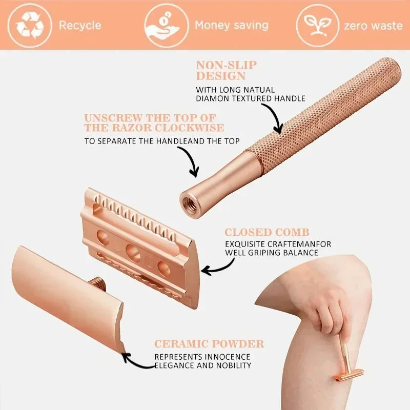 Maquinilla de afeitar clásica de doble filo para hombre y mujer, afeitadora de seguridad de oro rosa, 5 hojas de afeitar, afeitadora Manual para la cara