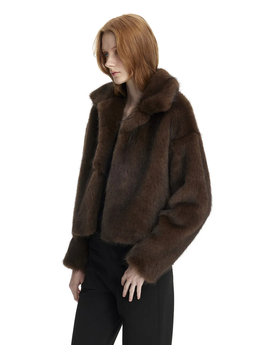 2026 Autumn Winter Women Faux Mink Fur Jacket Shawl Collar Open Front Cropped Fluffy Coat Brown
