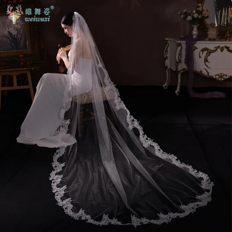 

Bridal Wedding Accessories Elegant Temperament Long Style Single-layer Lace Edge Bridal Main Wedding Veil Photography Props