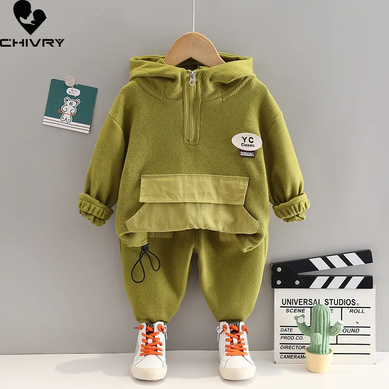 New 2023 Kids Baby Spring Autumn Fashion Solid Zipper Hooded Sweatshirt Tops with Pants Boys Casual Sports Clothing Sets