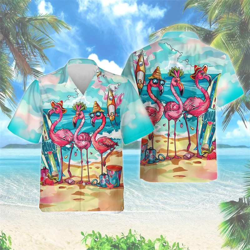 

Newest Hawaiian Flamingo 3D Printed Beach Shirt Hawaii Flower Animal Shirts Men Clothes Vacation Lapel Blouse Bird Men Tops Tees