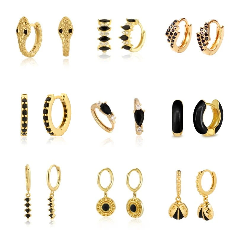 Variedad de pendientes de aro de la serie de circonio de Color negro para mujer, pendientes Piercing de Color dorado, joyería de moda, Pendiente al