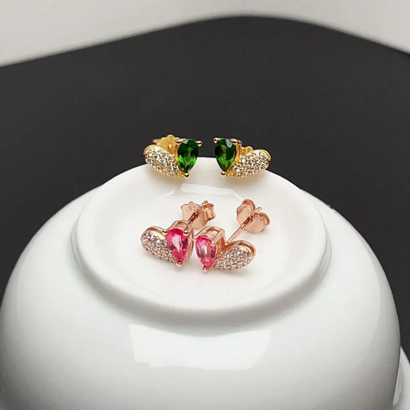 Small 925 Silver Garnet Earrings 3*5mm Natural Diopside Stud Earring 18k Gold Plating Pink Topaz Jewelry