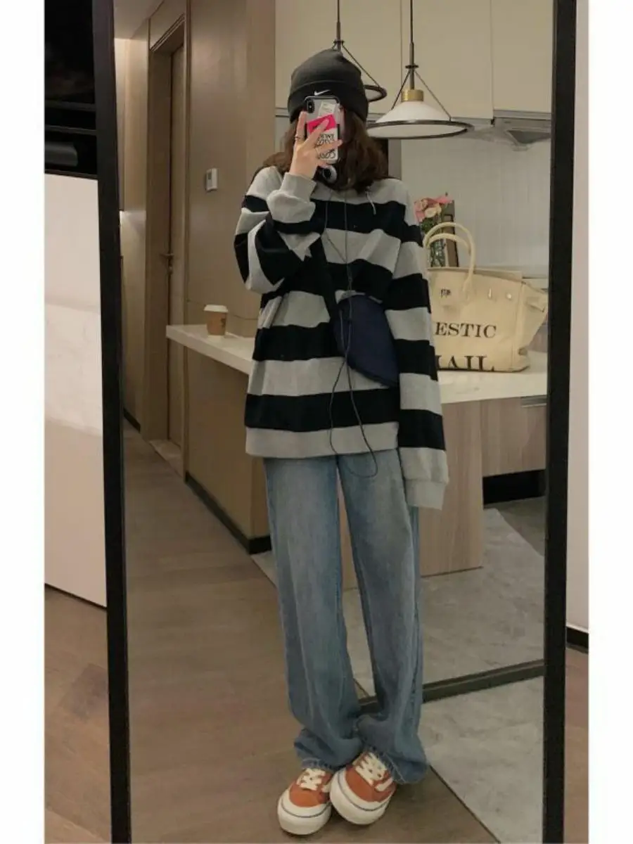 Retro Striped Sweatshirt Women's Thin Loose Long Sleeve round Neck Overhead Top Trendy Autumn Wear Commute Style Princess Sleeve