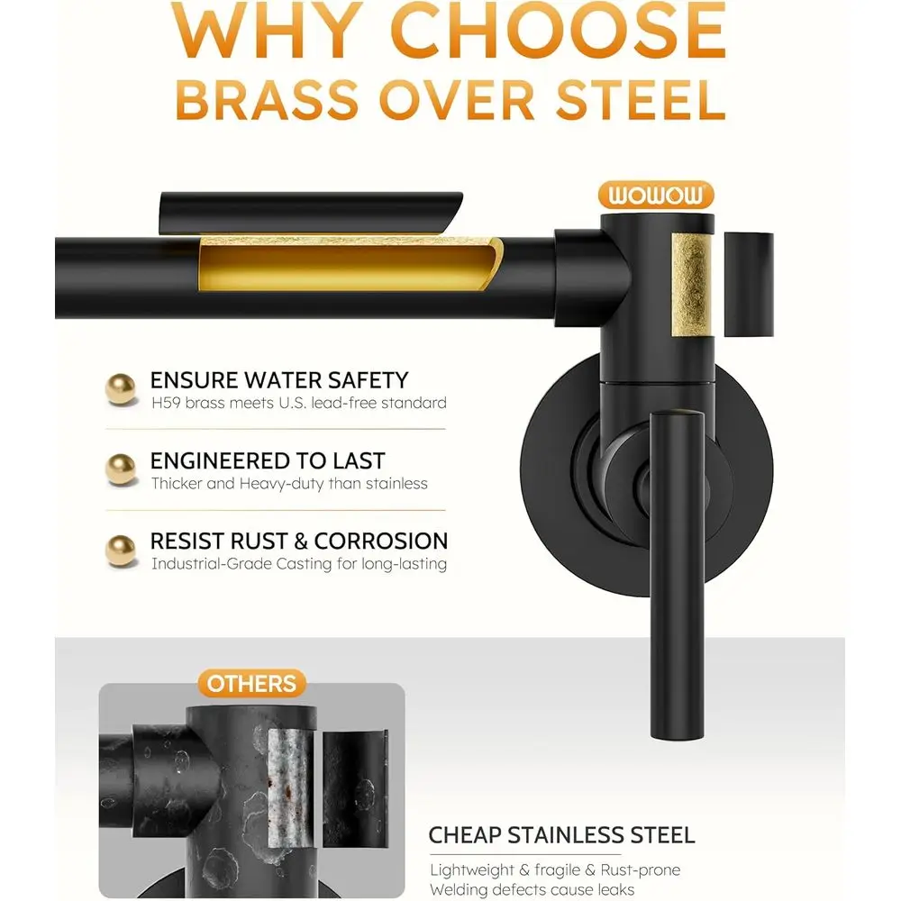 Матовый черный настенный смеситель для кухни с двойным шарниром и наполнителем для кастрюли из латуни