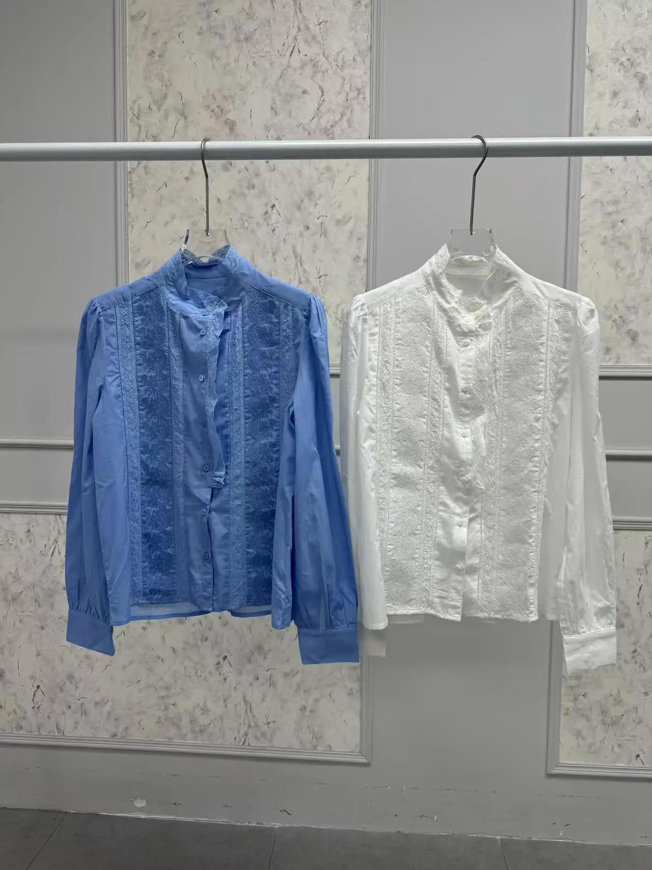 2025 신상 여성 레이스 블라우스 긴팔 싱글 버튼 블루 또는 화이트 러플 셔미즈 봄 여름