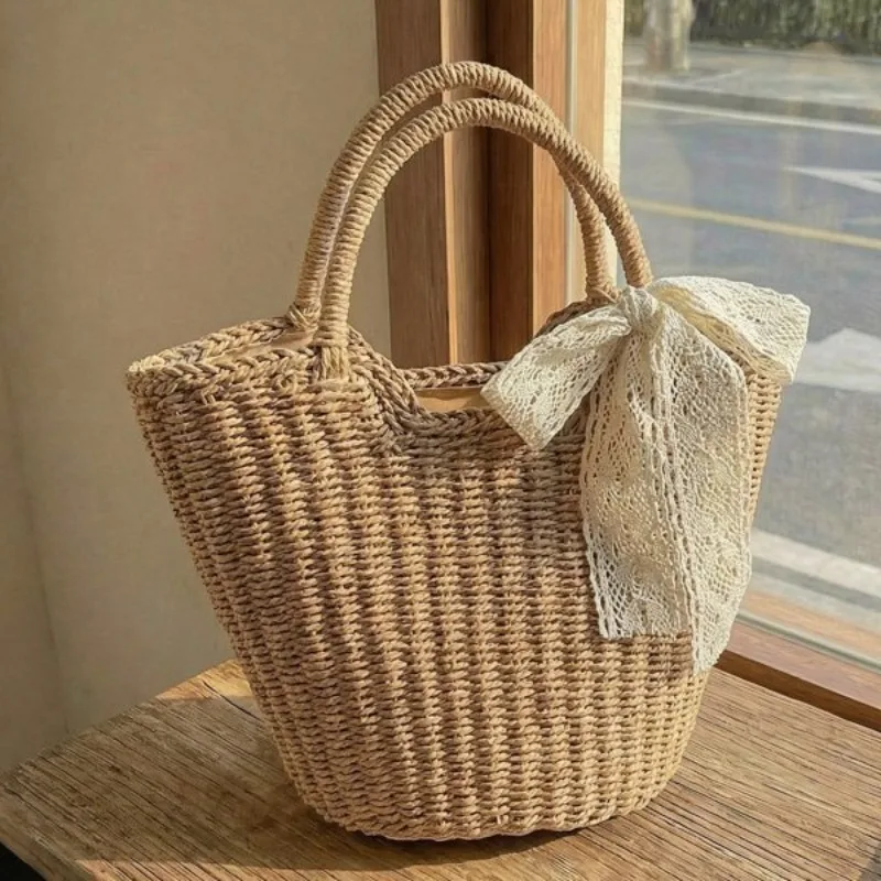 

Women's Hand-woven Straw Bucket Bag Bohemian Style Retro Ladies Beach Basket Handbags Vacation Travel Shopping Purse Bolsos