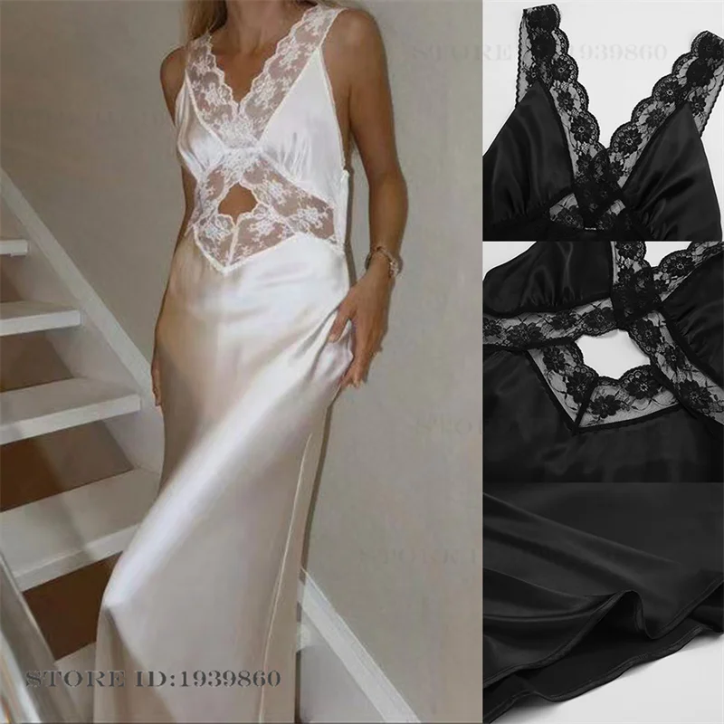 

Fashion Womens Suspender Nightgown Intimate Lingerie Sexy Hollow Out Lace Night Dress Mujer Sleepwear Summer Silk Satin Homewear