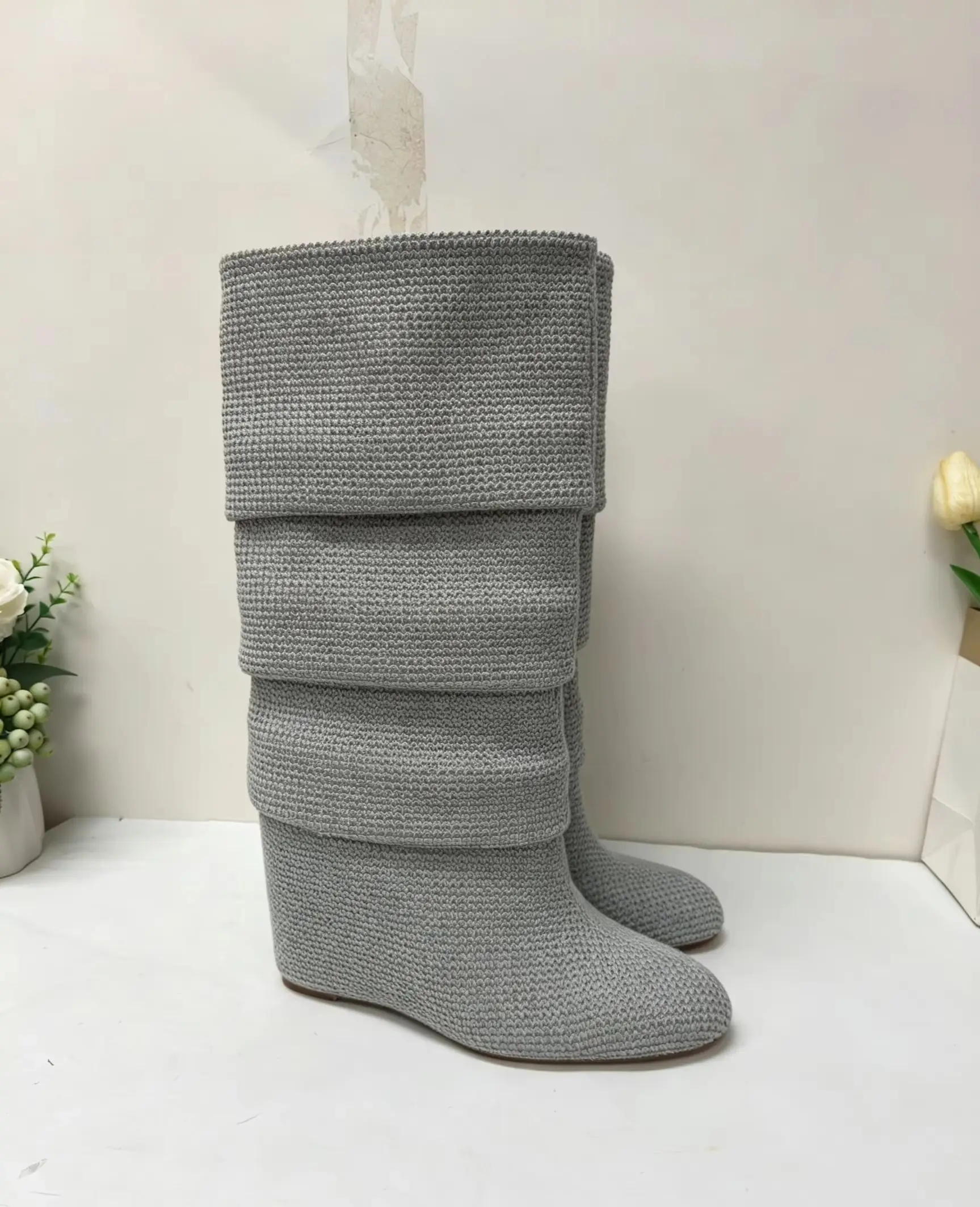 2026 Autumn Winter Knitted Pointed Toe Summer Heel Pumps Wide Cuff Knee High Boots Elegant Office Lady Daily Party Street Shoes view 3