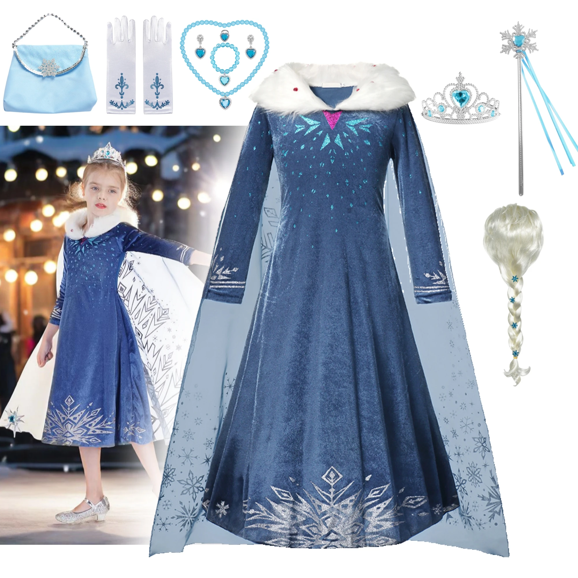 Snow Queen Elsa Girls Costume Set with Collar Dress Kids Cosplay Outfit Princess Birthday Halloween Party Fancy Gown for Toddler