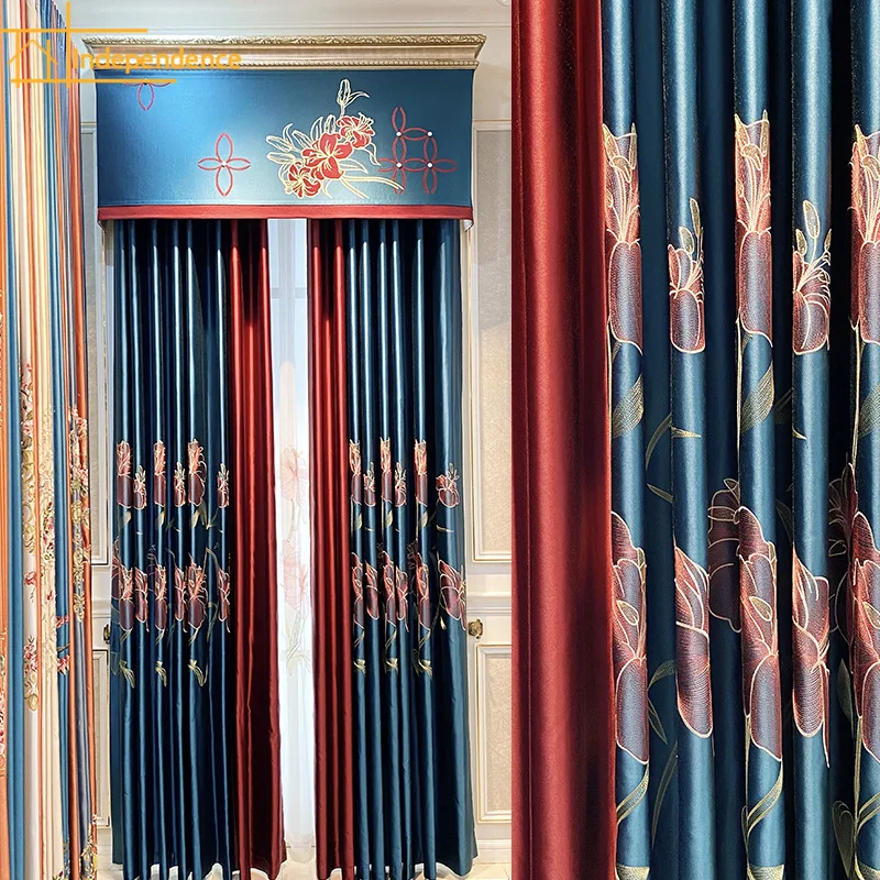 New Chinese Style Peacock Blue Embroidered Window Gauze Gloss Splicing Curtains for Living Room Bedroom French Window Balcony