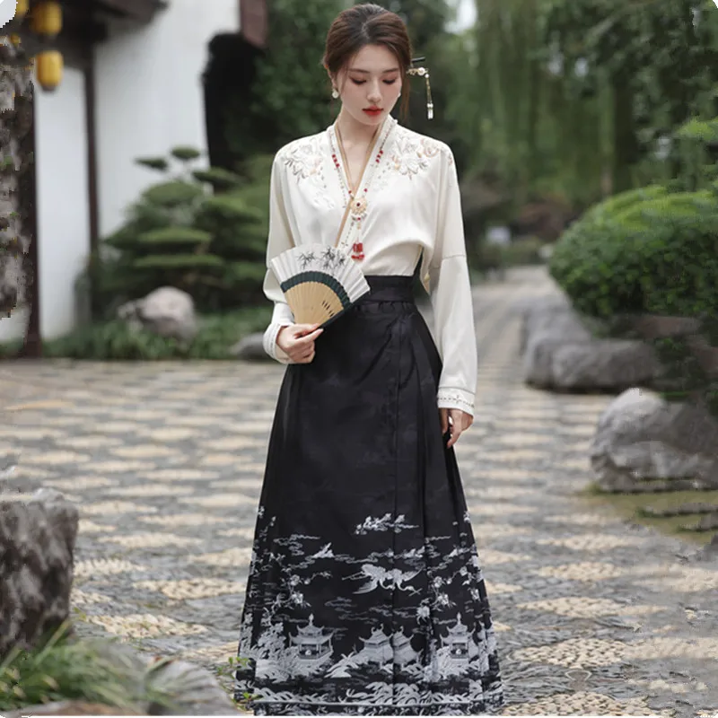 Women Spring Autumn 2 pcs Set Hanfu Suit Female Temperament Elegant Top Shirt+Skirt New Chinese High Grade Horse Face Skirt 2962