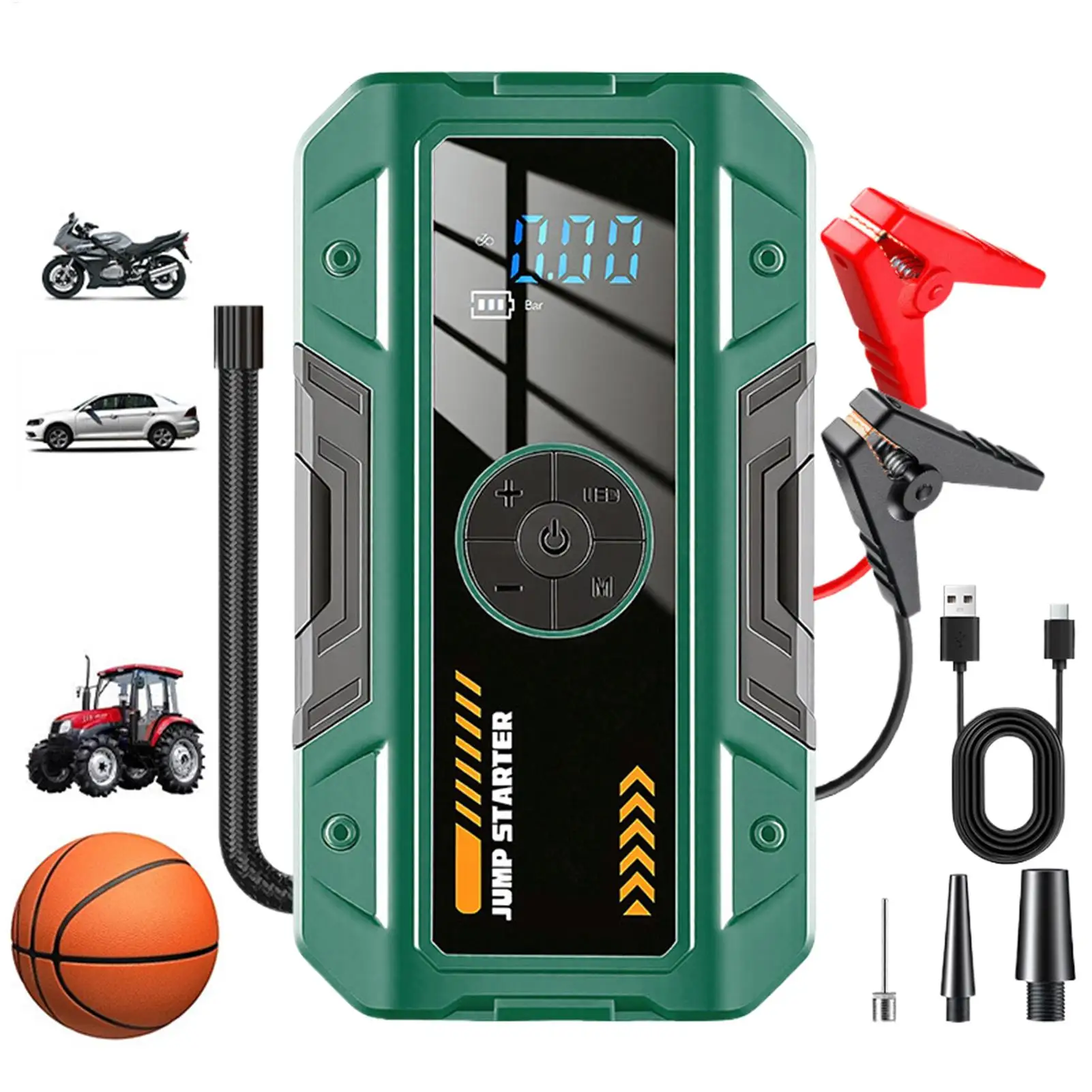 

Автомобильное пусковое устройство 2-в-1 с фонариком, цифровым дисплеем, защитой от непогоды и насосом для подкачки шин, портативный комплект для запуска автомобиля, мотоцикла и велосипеда