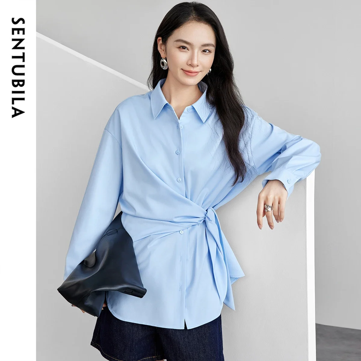 SENTUBILA Women's Shirt Waist Cinching Spring New Lace-up Long Sleeve Turn Down Collar Design Sense Top Slimming Shirt 151C57886