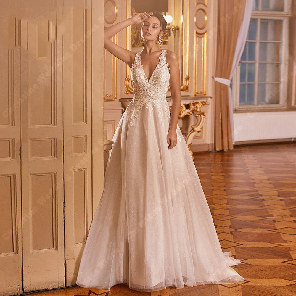 Abiti da sposa con stampa floreale in pizzo con scollo a v luminoso abiti da sposa Sexy a-line classici personalizzati Princess Ball Vestidos De Noivas