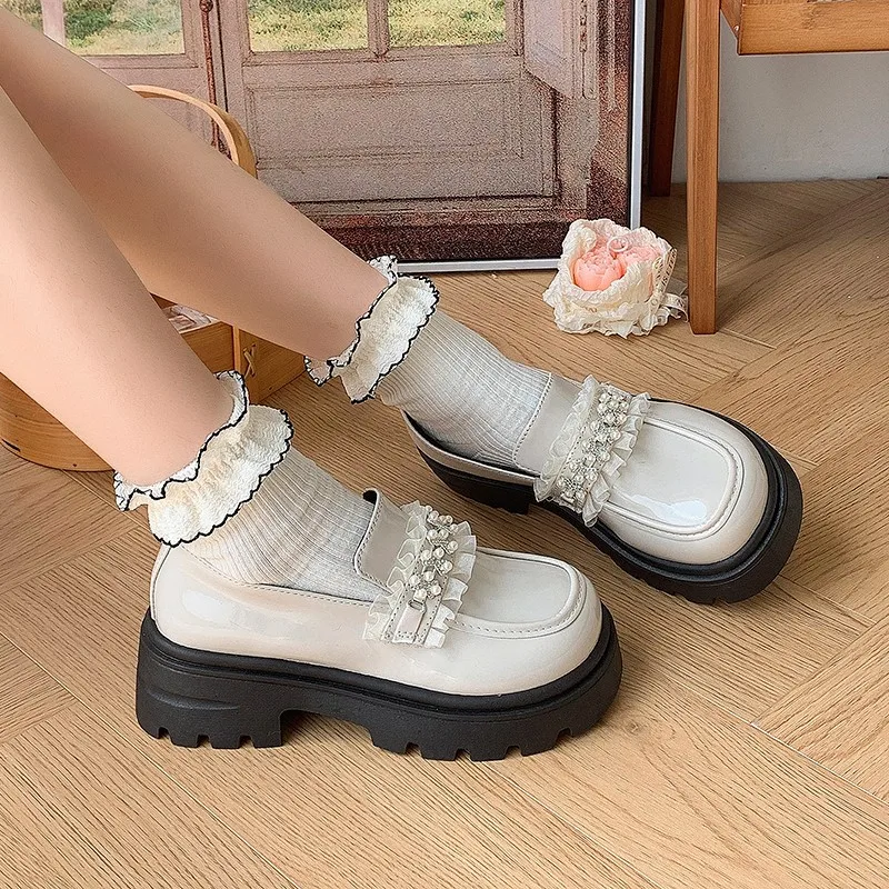 

Женские лоферы, осень 2023, новые французские модные универсальные туфли на платформе с круглым носком и жемчугом, одинарные туфли на платформе