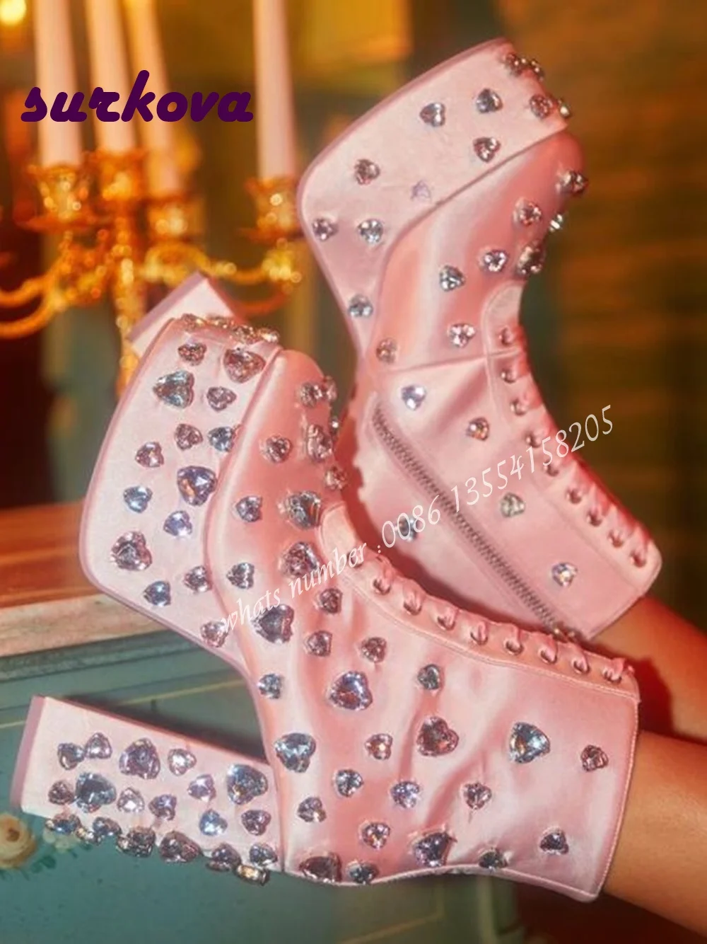 Pink Rhinestone Platform Ankle Boots Satin Women\'s Shoes Round Toe Chunky Heel Boots Zip Sexy Luxury Cross Tied Lace Up Casual