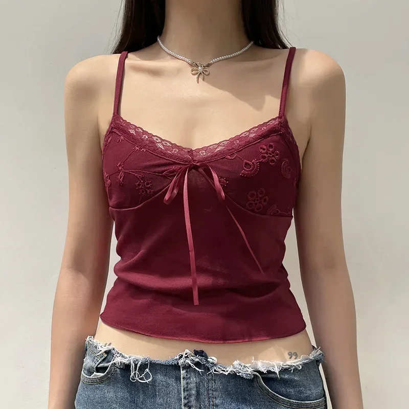 

y2k Hook Crop Top Red Vintage Patchwork Trim Spaghetti Strap Cute Camis Women Harajuku Boho Grunge Bow Camisole New