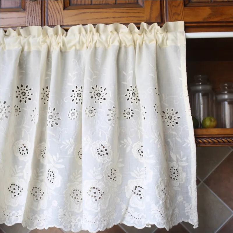 Japanese Cotton Hollow Flowers Short Curtains Living Room Korean Gream Lace Cloth Half Curtains for Kitchen #A393