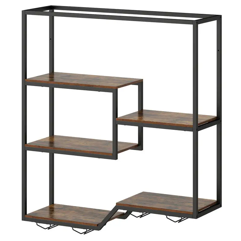

Wall Mounted Wine Rack 6-Tier Hanging Bar Shelf with Bottle Display Shelf and Glass Holder-Rustic Brown