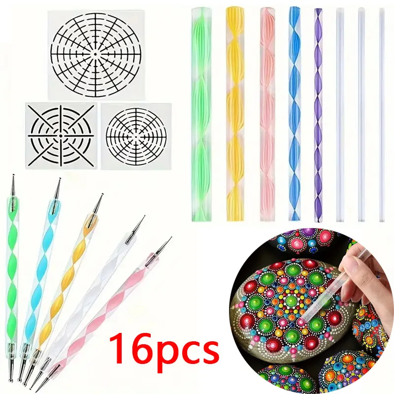 

16PCS Mandala Dotting Tool Set For Painting Rocks Mandala Art & Ceramic Pottery Craft With Dotting Tool Acrylic Sticks Templates