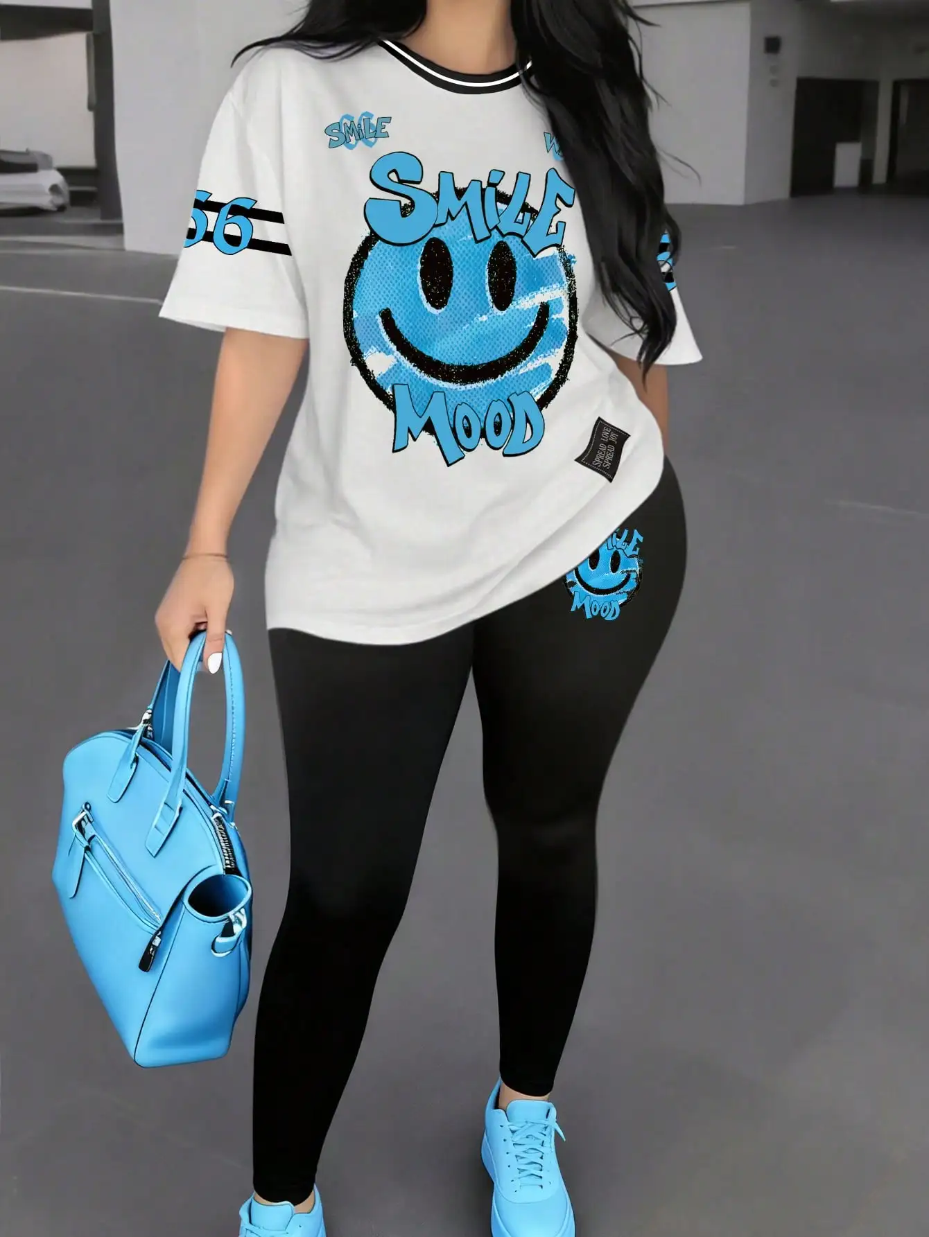 Set da 2 pezzi con t-shirt e leggings con grafica Smile Mood da donna, outfit casual streetwear