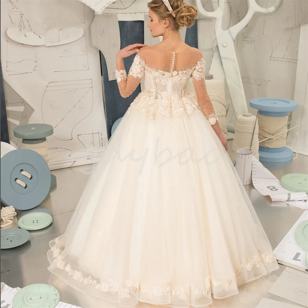 

Elegant Flower Girl Dress For Wedding Tulle Floor Length Applique Long Sleeve Child's First Eucharistic Birthday Party Dresses