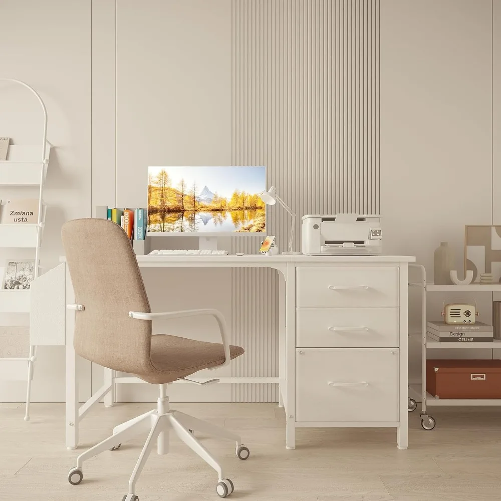 Reversible 47 Inch Desk with Fabric Filing Cabinet for Small Spaces