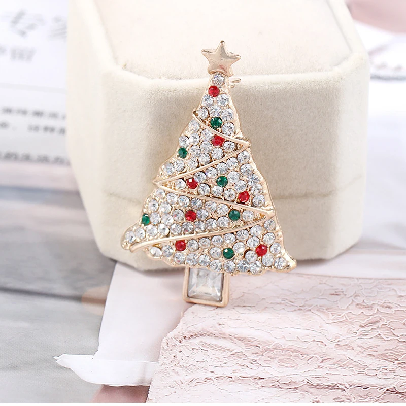 Rinhoo Full Rhinestone Christmas Tree Brooches For Women Unisex Fashion Enamel Badges Star Xmas Tree Pins New Year Party Jewelry