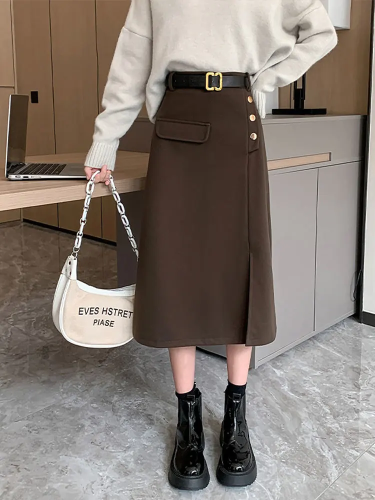 

2023 Autumn Winter Fashion Women Skirts Casual Loose Split Woolen Wrap Hip Skirt High Waist Slim Simple A-Line Mid-Calf Skirts