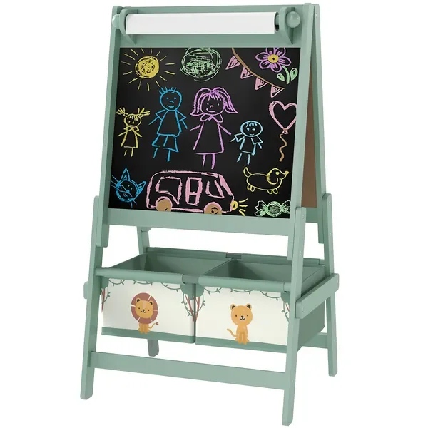 Qaba Art Chevalet pour enfants, tableau blanc double face et tableau, paniers de rangement, âgés de 3 à 8 ans, vert