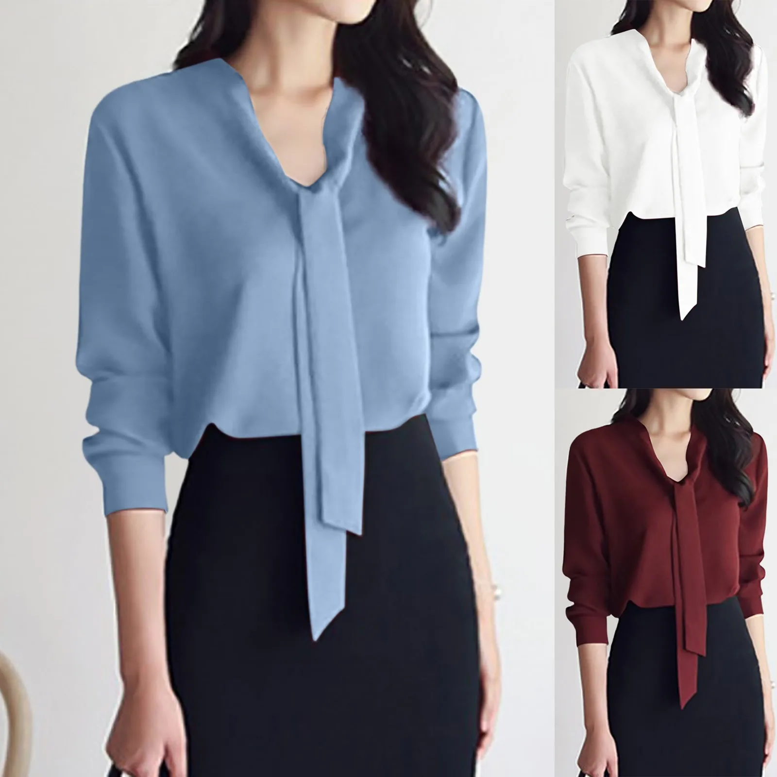 Business Chiffon Blouse For Women Solid Color Bow Ribbon Shirts Long Sleeve Soft Pullovers Elegant Office Ladies Clothes рубашка