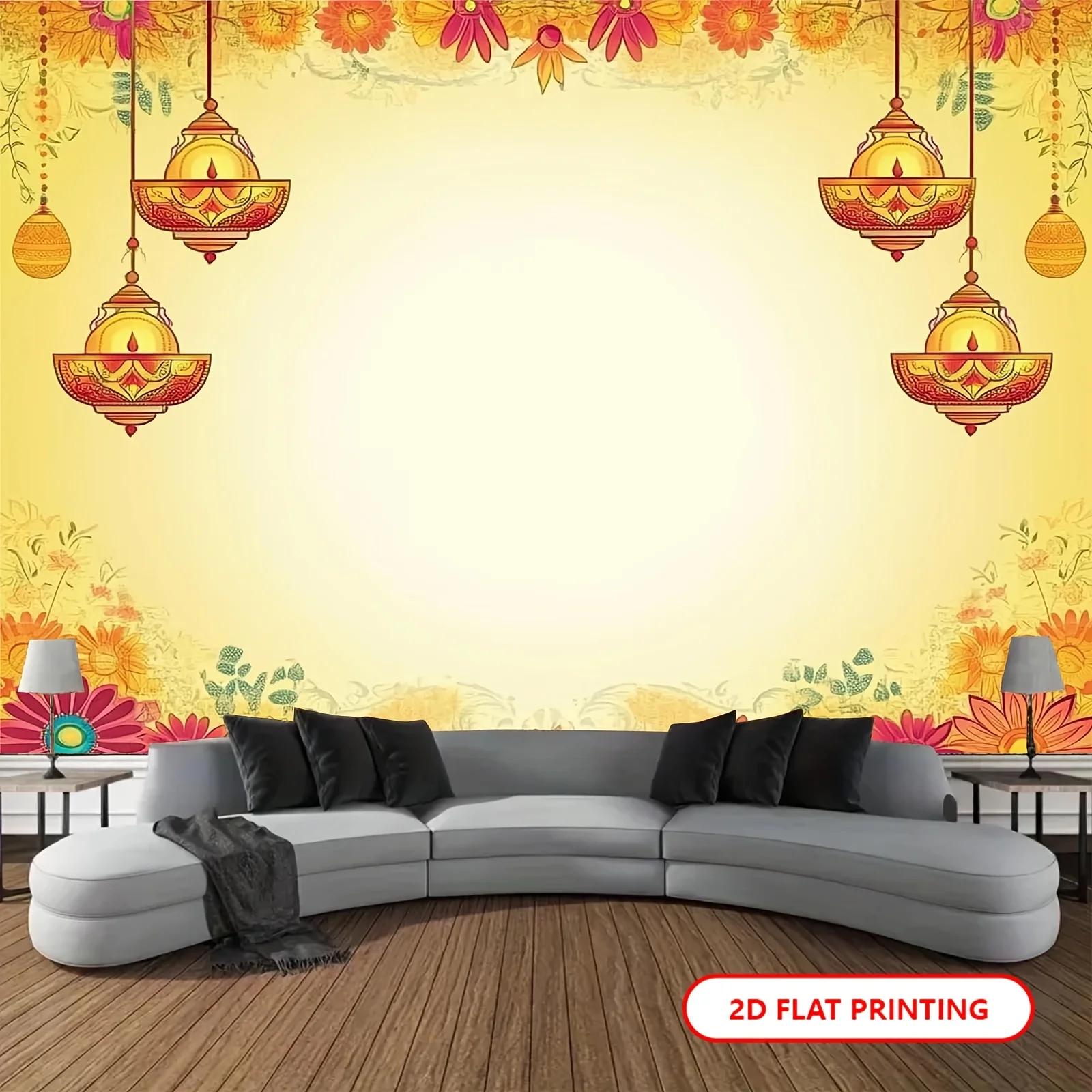 لافتة خلفية لمهرجان ديوالي 1PC2D - تصميم فانوس ونمط زهور على الطراز الهندي للحفلات، لا يتطلب كهرباء - wsj