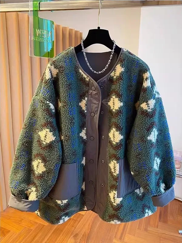 Thiened grande taille 300 Pou rond Ne imprimé eepskin Jaet vêtements Double face pour hommes et femmes vêtements d'extérieur d'hiver