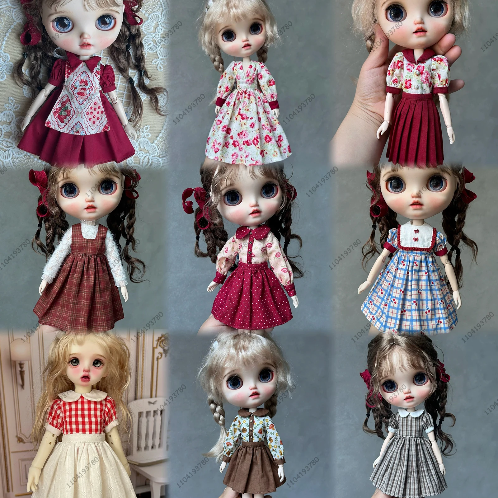 

For Blythe Doll 30CM Body 1/6 Ob24 Azone Doll Clothes Retro Red Patterned Flowered Dress Plaid Dot Peter Pan Collar Girl Clothes