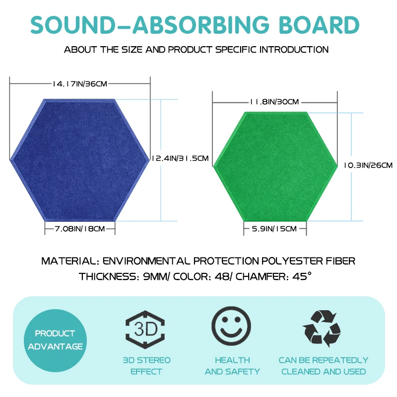 육각형 방음 벽 패널, 고밀도 방음 어쿠스틱 패널, 가정 장식, 보육원 소음 차단 벽 장식, 12 개