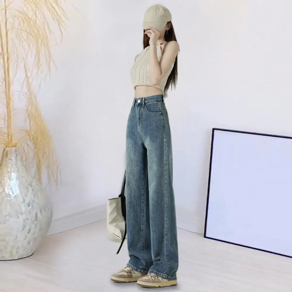 Pantaloni a gamba larga Jeans a gamba larga a vita alta retrò con tasche larghe di colore sfumato Streetwear alla moda per le donne a vita alta