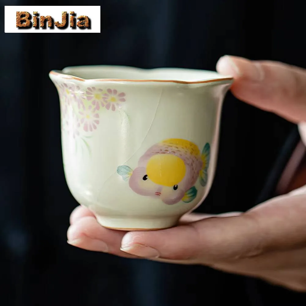 

2pc/set Retro Ru Kiln Ceramic Teacup Creative Golden Fish Master Cup Small Flower Mouth Can Raise Mug Kung Fu Tea Set Craft 50ml
