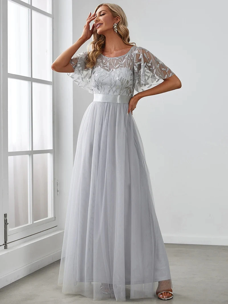 Elegante Abendkleider mit Pailletten-Print, Maxi-Länge, mit Flügelärmeln, A-Linie, Ever Pretty aus Gaze, Burnt Orange Brautjungfernkleid – Detail 6