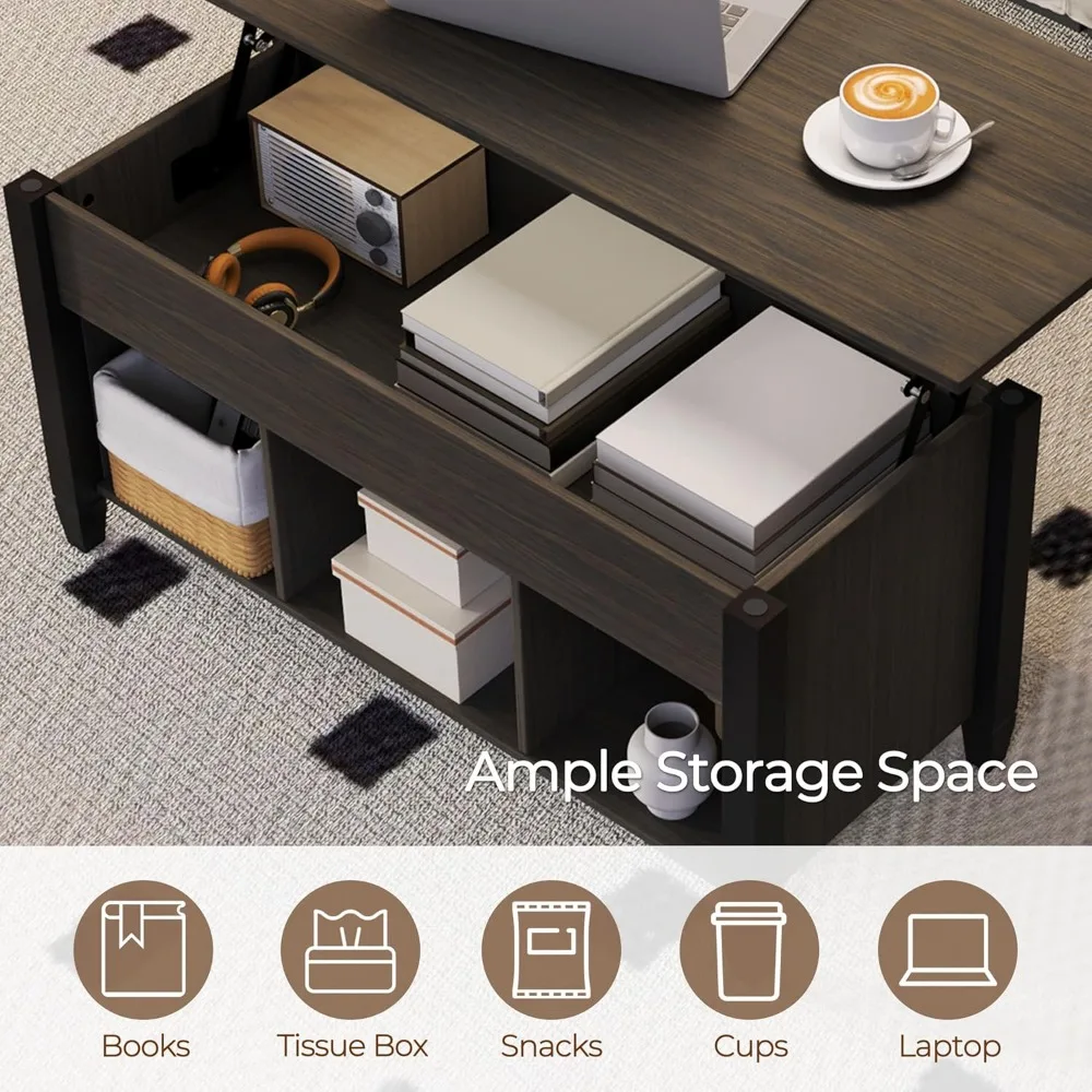 Retro 41-inch Lift Top Coffee Table with Storage and Hidden Compartment, Vintage-Style Coffee Center Table with Lift Mechanism