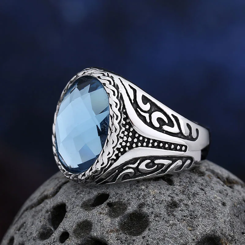 2024 NEW 316L Stainless Steel Blue Zircon Ring Vintage Good Polished Fashion Jewelry Couple Gift us size 7 to 13