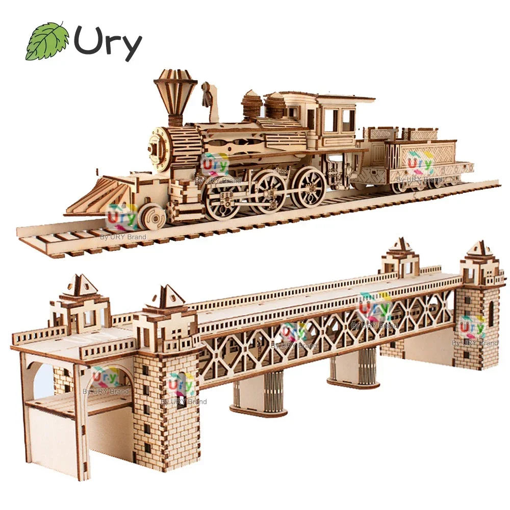 Ury 3D Wooden Puzzle Retro Steam Train with Track Railway Bridge Handmade Assembly Truck Model DIY Toys Decoration Gift for Kids