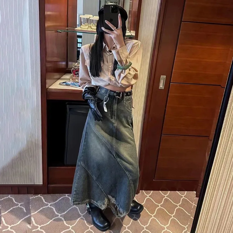 2025 Autumn Retro Classic All-Match Skirt Women Casual Commuter Outing Tight Sexy Irregular Long Denim Vitality Skirt Girl Cool