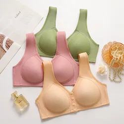 FINETOO Breathable Front Closure Button Bras Women Full Cup Floral Underwear for Middle-aged and Elderly Wireless Tops Bralette