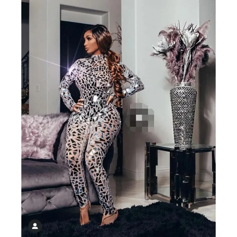 

Fashion Shining Long Sleeve Mirrors Mesh Transparent Jumpsuit Women Nightclub Party Birthday Outfit Singer Dancer Stage Wear