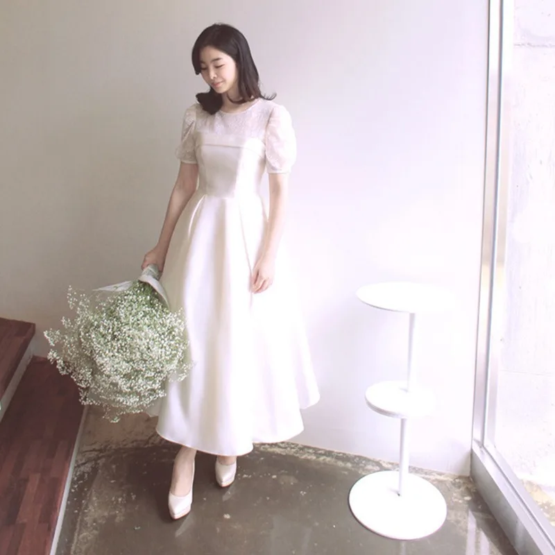 White Lace Puff Short Sleeve Satin Wedding Dresses For Women Sheer Floral O-Neck A-Line Ankle Length Simple Bridal Gown Dress view 2
