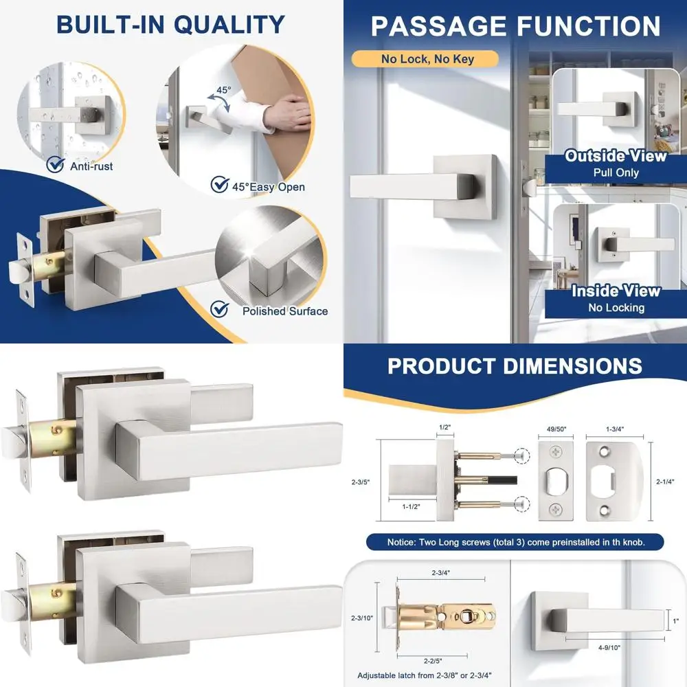 

Комплект из 2 дверных ручек из матового никеля, ручка прохода без блокировки для внутренних дверей, двусторонняя для слева или справа