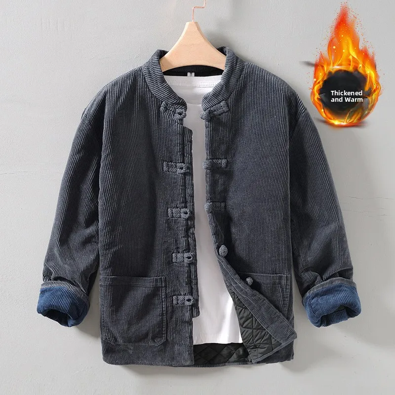 

Мужская повседневная куртка-жакет свободного кроя в стиле ретро с воротником-стойкой на пуговицах, из чистого хлопка, с добавлением полиэфирного волокна, удлиненная