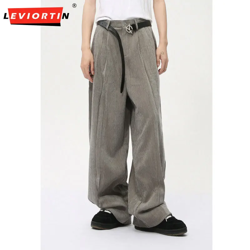 LEVIORTIN Korean Style Men's Suit Pants Business Casual Pleated Solid Color Droop Straight Wide Leg Male Trousers Autumn